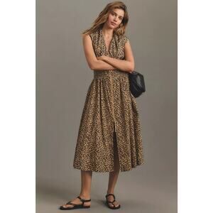 ANTHROPOLOGIE Tommie Cap-Sleeve Smocked Front-Zip Midi Shirt Dress SZ S
